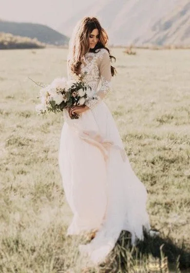 Exclusive Discounts Feminine Soft - Hued Styles Bohemian/Hippie Country Vintage Casual Tulle Illusion Lace Long Sleeves Rustic Chiffon Summer Wedding Dress