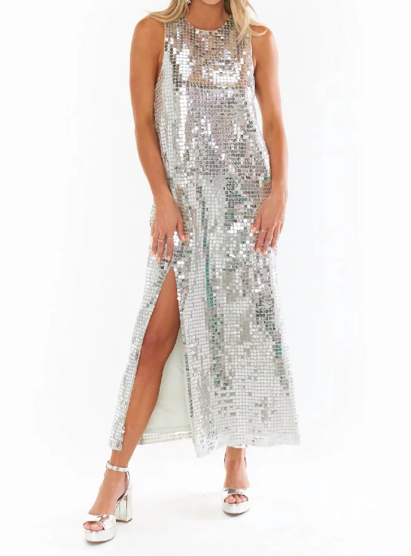 You'Ll Love Us Because Rustic Countryside Charm Look Disco Maxi Dress In Silver Disco Sequin