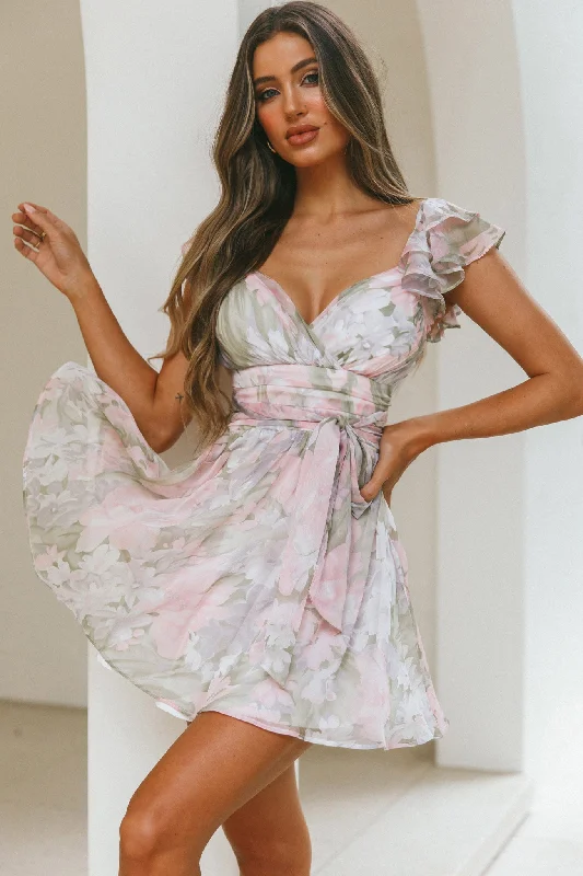 Shop Sale Items First Order Discount Lola Ruffle Shoulder Ruched Dress Watercolor Floral Pink Multi
