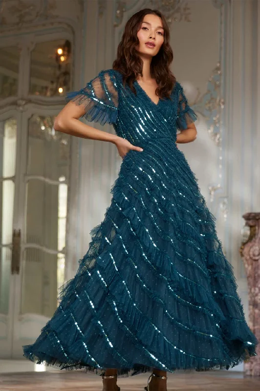 Must Haves Rustic Countryside Charm Look Spiral Sequin V-Neck Ankle Gown