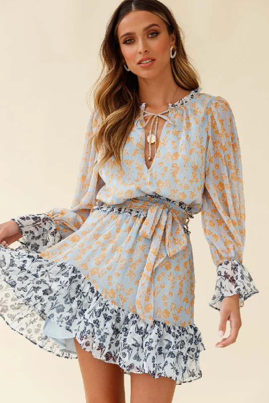 Daily Deals Cottagecore Rustic Charm Style Prague Long Sleeve Ruffle Hem Dress Floral Print Blue/Orange Multi