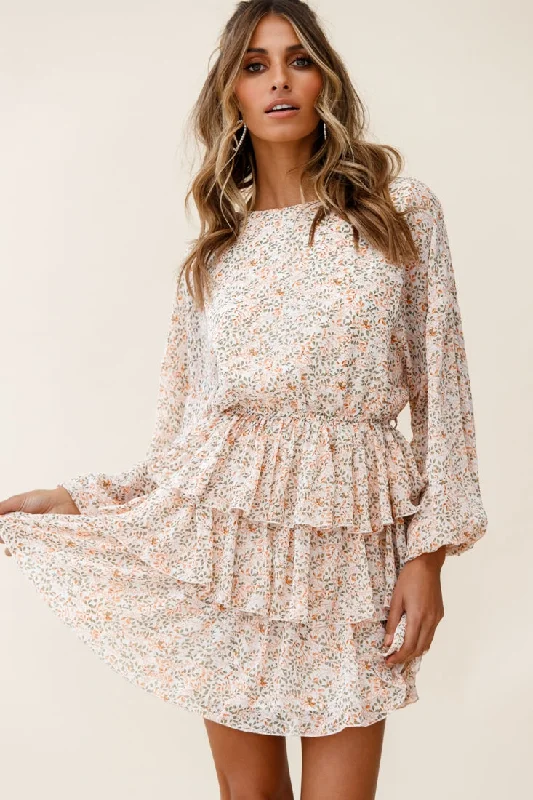 Best Deals Of The Season Chic Outfits Odessa Long Sleeve Layered Ruffle Dress Floral Print Nude