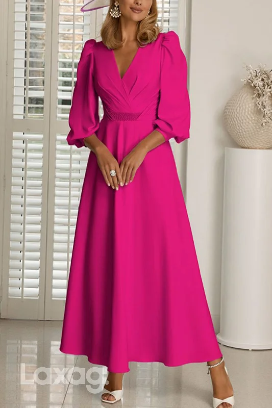 Refined Fashion Sale Feminine Soft - Hued Styles 22671 - A-Line V-Neck Quarter Sleeves Sleek Satin Mother of the Bride Dress