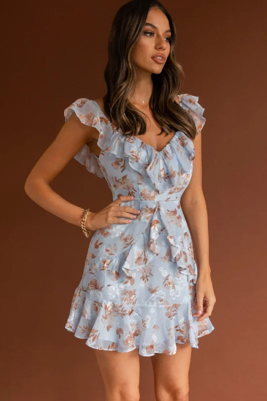 Quick Grab Deals Chic Style Flower Child Frill V-Neckline Dress Floral Blue