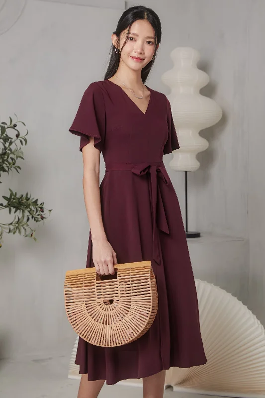 Affordable Online Boutique Flutter Sleeve V-Neck Flare Dress in Burgundy