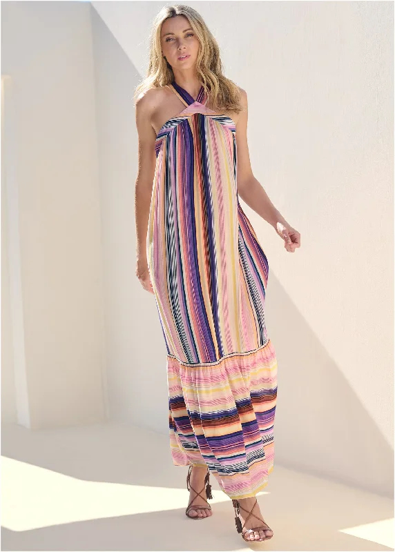 Women's Date Night Outfit Striped Tiered Maxi Dress - Multi