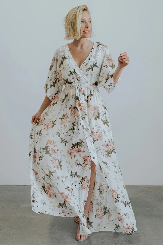 Workwear Fashion for Women Kia Kimono Maxi Dress | White Floral