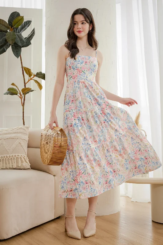 Fashion Essentials Open-Back Tiered Spag Dress in Pastel
