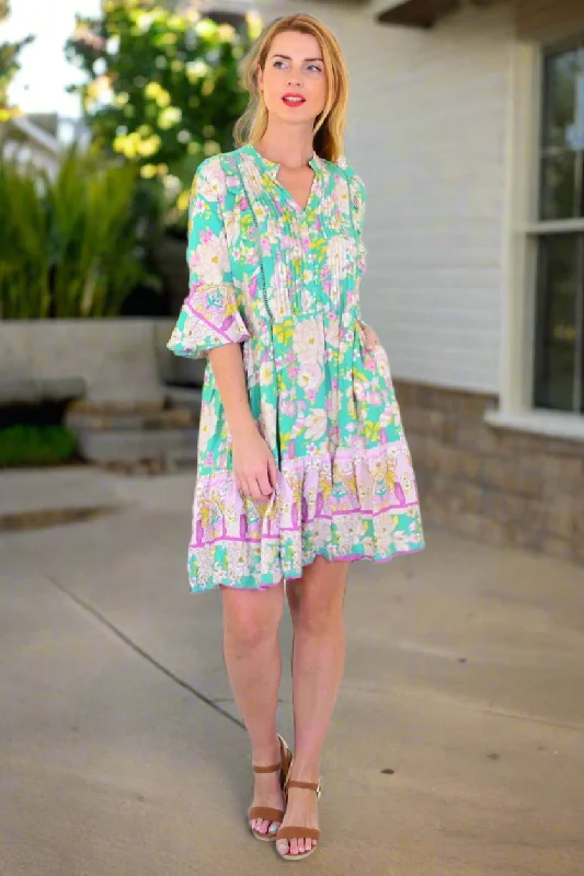 End Of Season Sale Clothing Green Floral Print Bohemian Dress