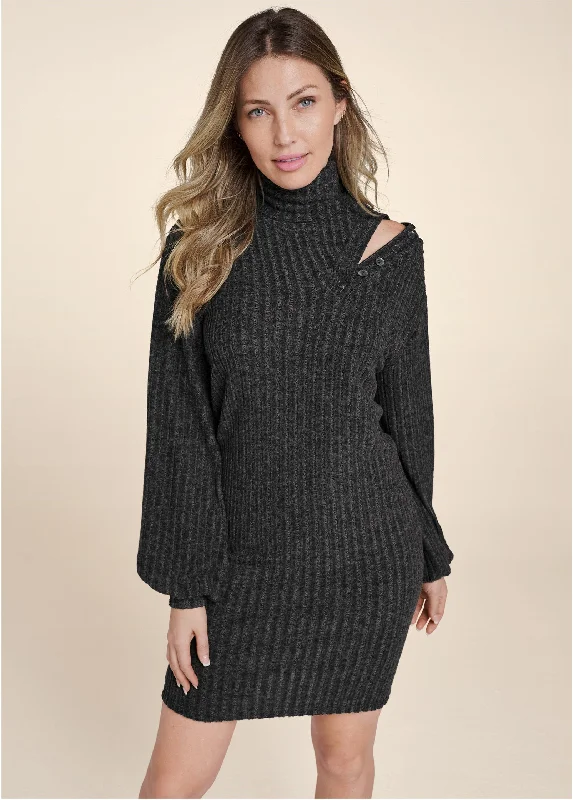 Trendy Women's Wear Ribbed Hacci Button Dress - Black