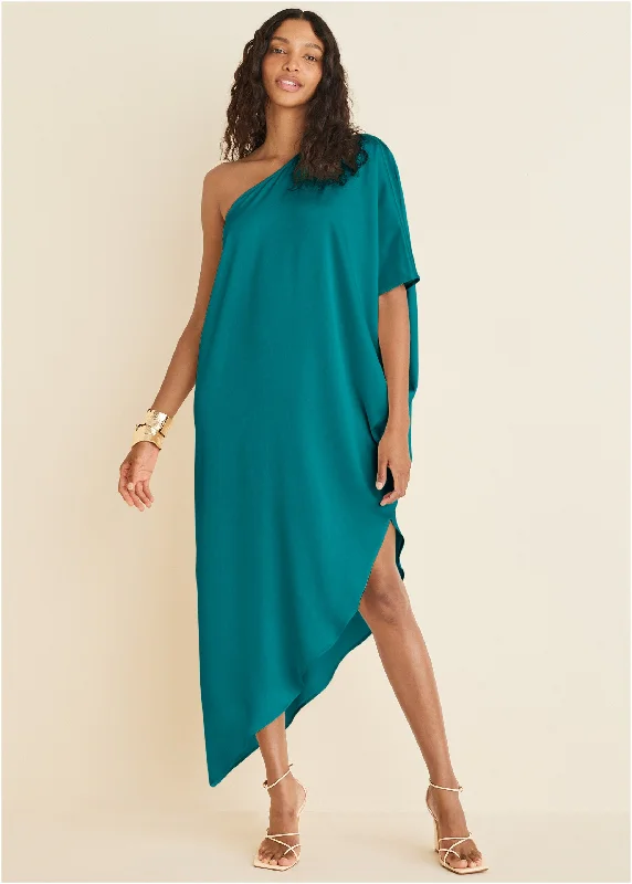 Stylish Everyday Clothing One-Shoulder Kaftan Dress - Teal