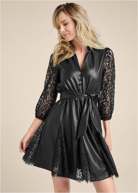 Best Clearance Sales Right Now Faux-Leather And Lace Dress - Black