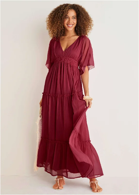 Women's Stylish Outerwear Flutter Sleeve Maxi Dress - Wine