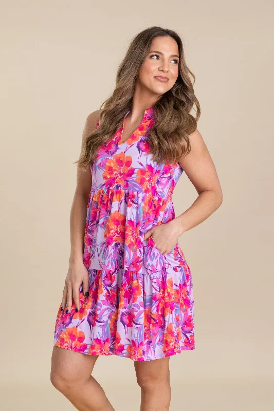 Women's Stylish Professional Garments Lilac Floral Tiered Wrinkle Free Dress