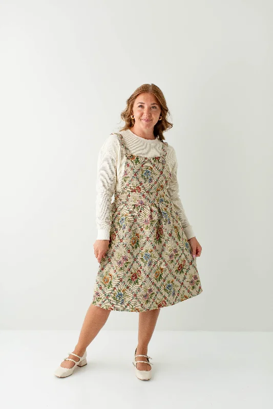 Premium Style 'Dolly' Quilted Vintage Floral Pinafore Dress in Taupe