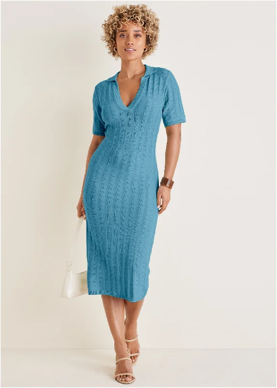 Women's Tops And Clothing Pointelle Sweater Dress - Blue