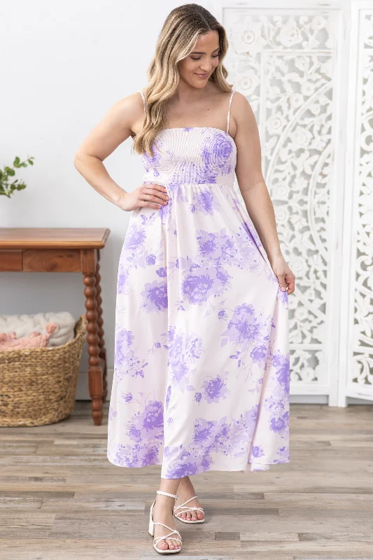 Stylish Everyday Clothing Lavender Floral Smocked Bodice Maxi Dress