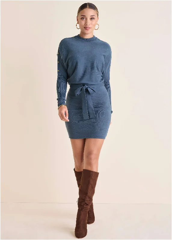 Women's Clothing For Holiday Travel Dolman Sleeve Sweater Dress - Vintage Indigo