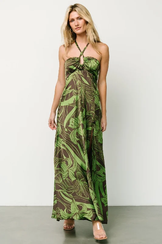 Vibrant Femme Fashion Norah Halter Dress | Brown + Green Print