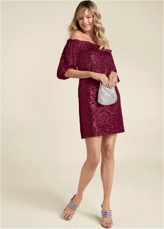Women's Chic Outerwear Garments Sequin Off-The-Shoulder Dress - Red