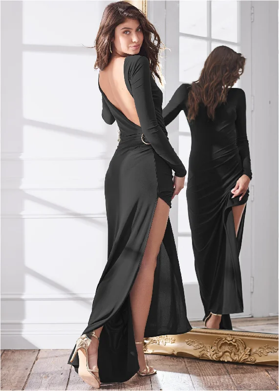 Elegant Women's Clothing Plunging Back Long Dress - Black