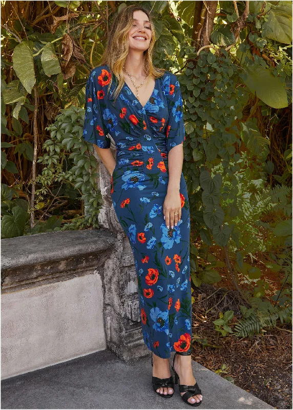 Women's Trendy Clothes Drape Sleeve Maxi Dress - Forest Floral Iris