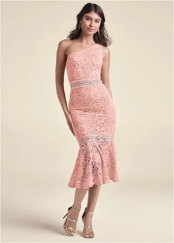Affordable Women's Fashion One-Shoulder Lace Dress - Blush