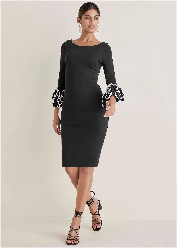 Versatile Women's Clothing for All Occasions Ruffle Trim Ponte Dress - Black
