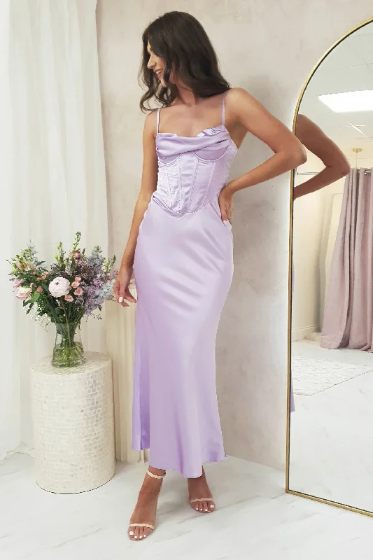 Women's High Street Fashion Ashka Satin Corset Maxi Dress | Lilac