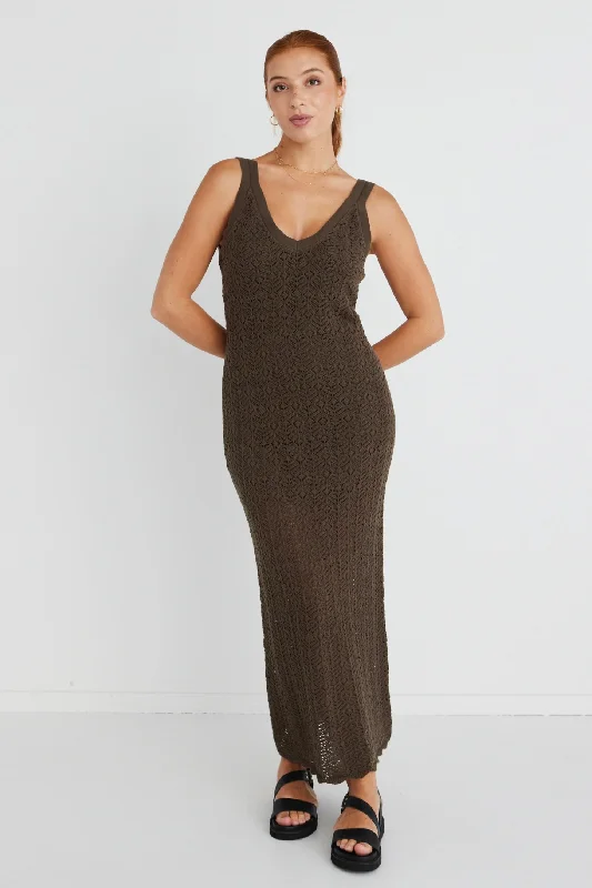 Women Fashion Voyage Khaki Crochet Knit Maxi Dress